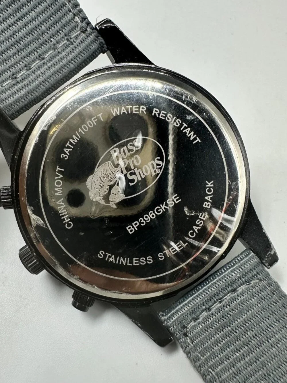 Bass Pro Shops Watch Men Black Dial 46MM Grey Canvas Band New Battery 9